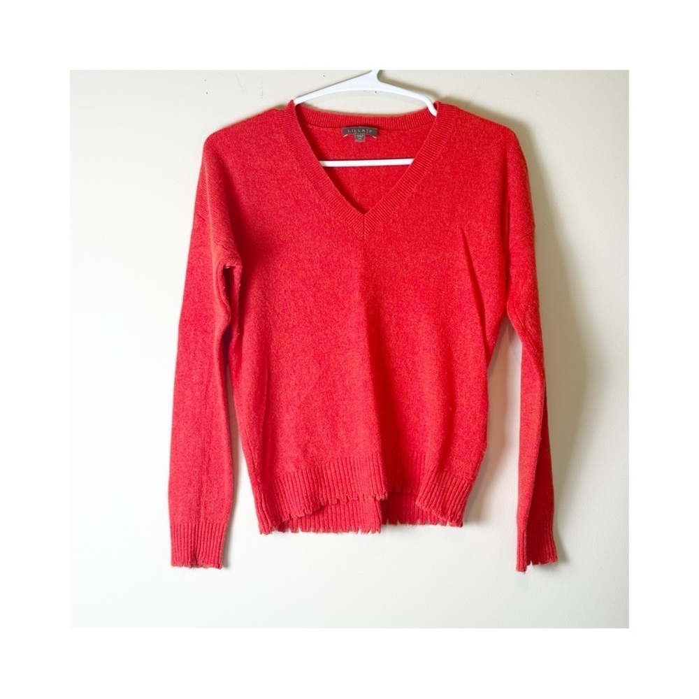 Lilla P 100% Cashmere V-neck Sweater Orange Distressed Hem XS
